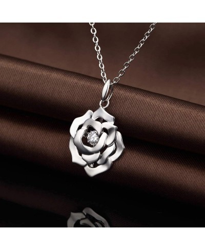 18K White Gold Plated Romantic Rose Necklace 925 Sterling Silver AAAAA+ Cubic Zirconia Diamond Rose Heart Necklace Great Gift...