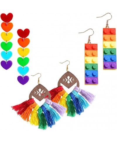 3 Pairs Rainbow Drop Dangle Earrings Set Long Tassel Mesh Grid Sequin Pride Parade Lesbian Earrings Acrylic Resin Gay Dangle ...