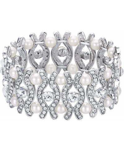 Women's Bridal Eye Shaped Elastic Stretch Bracelet Clear Crystal Cream Simulated Pearl $17.17 Stretch