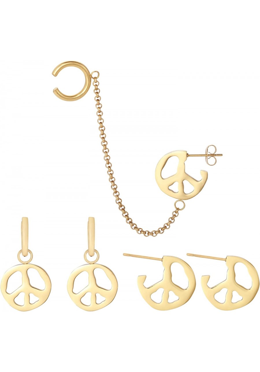 Peace Sign Gold Earrings for Women - 14k Gold Plated Stainless Steel Hypoallergenic Stud and Dangle Earrings Sets Jewelry for...