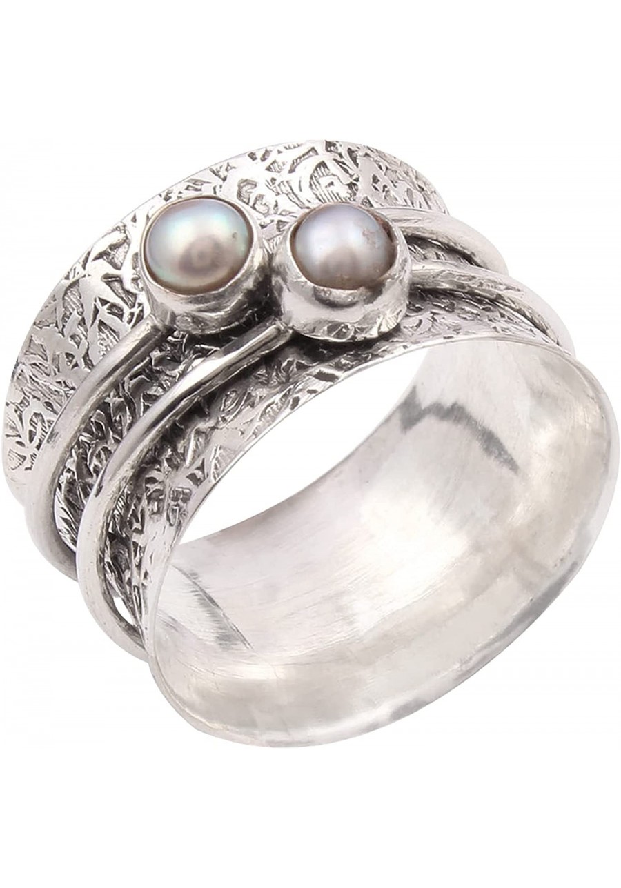 925 Sterling Silver Round Pearl Spinner Handmade Silver Meditation Boho Worry Ring $20.12 Statement