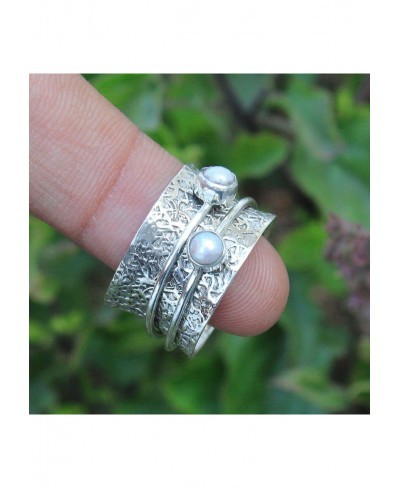 925 Sterling Silver Round Pearl Spinner Handmade Silver Meditation Boho Worry Ring $20.12 Statement