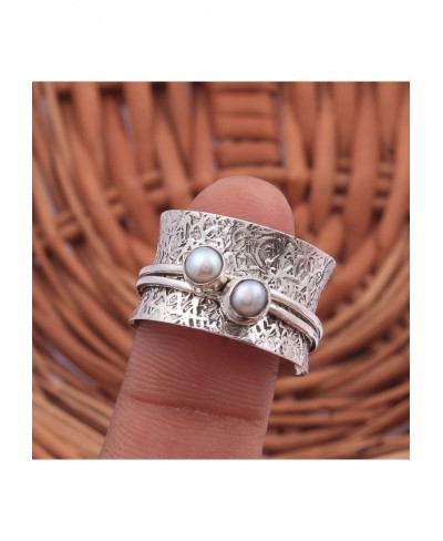 925 Sterling Silver Round Pearl Spinner Handmade Silver Meditation Boho Worry Ring $20.12 Statement