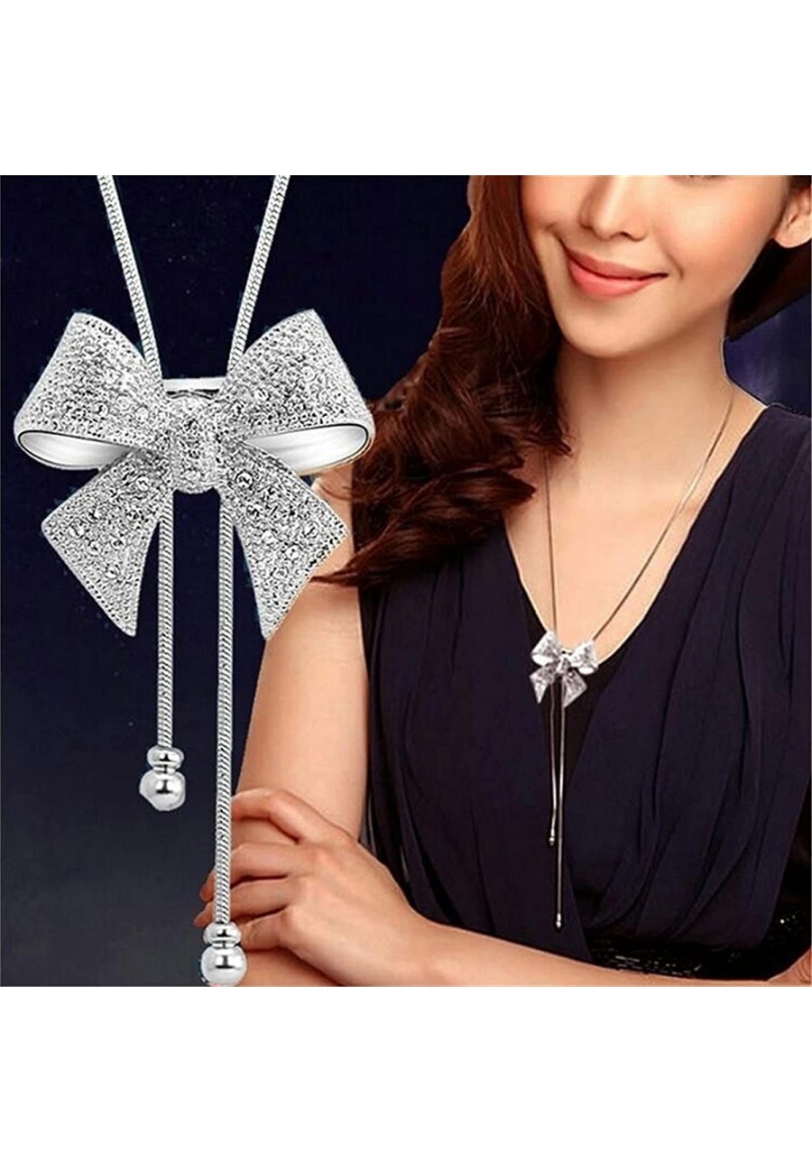 Bow Rhinestone Pendant Long Necklace for Women Sweater Chain Statement Necklace Choker Adjustable Elegant Jewelry Accessories...