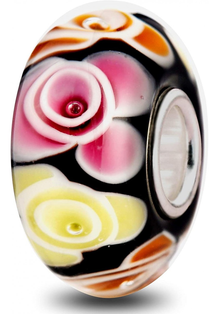 Colorful Rose Charm Handmade Murano Glass Beads Hawaii Nature Garden Flower Blossom Charm with 925 Sterling Silver Core Compa...