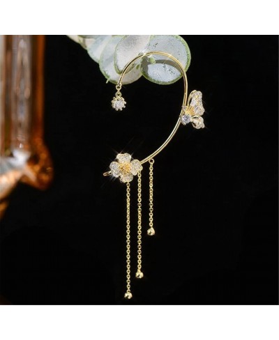 Butterfly Tassel Style Zircon Earrings No Piercing Butterfly Flower Tassel Long Earrings Clips Gold Silver Cuff Cubic Zirconi...