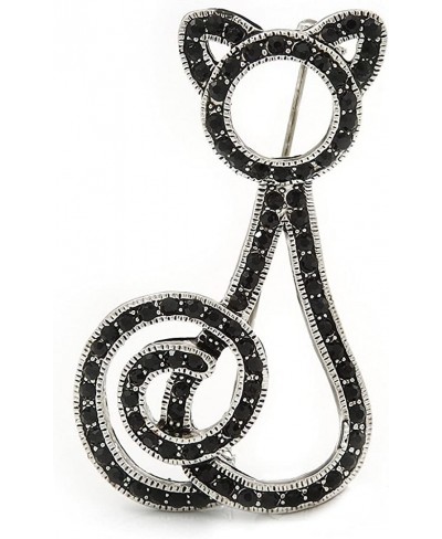 Jet Black Swarovski Crystal 'Cat' Brooch In Rhodium Plating - 50mm Length $22.87 Brooches & Pins