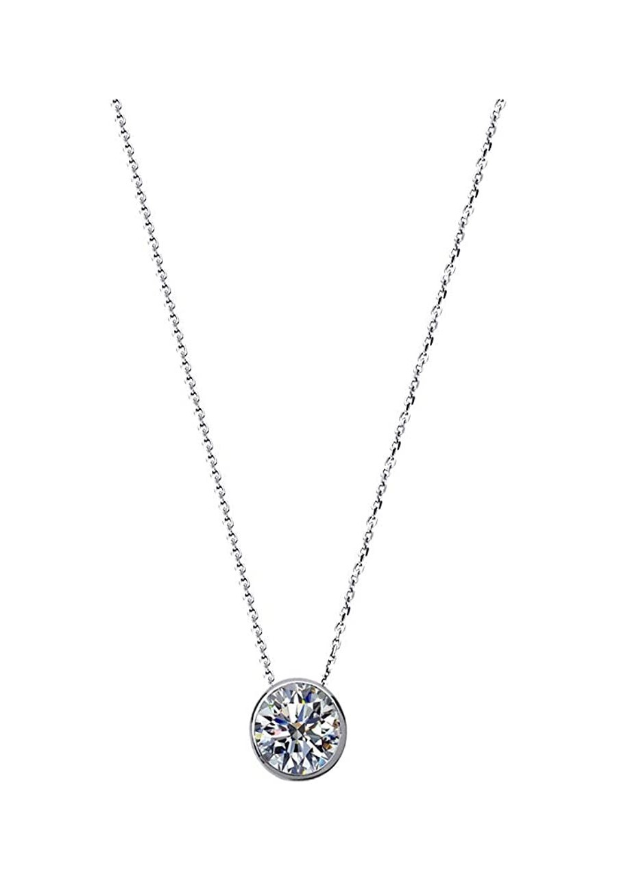 925 Sterling Silver Necklace Round CZ Stone 1 carat 1.5 carat OR 2 carat Bezel Solitaire Necklace Pendant Necklace Chain 16"+...