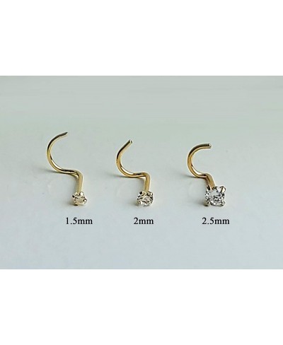 Solid 14Kt Gold Nose Screw 24G (0.5mm) Nose Hook Nose Stud 14kt Yellow Gold or 14kt White Gold Nose Ring Prong Set CZ Accent-...