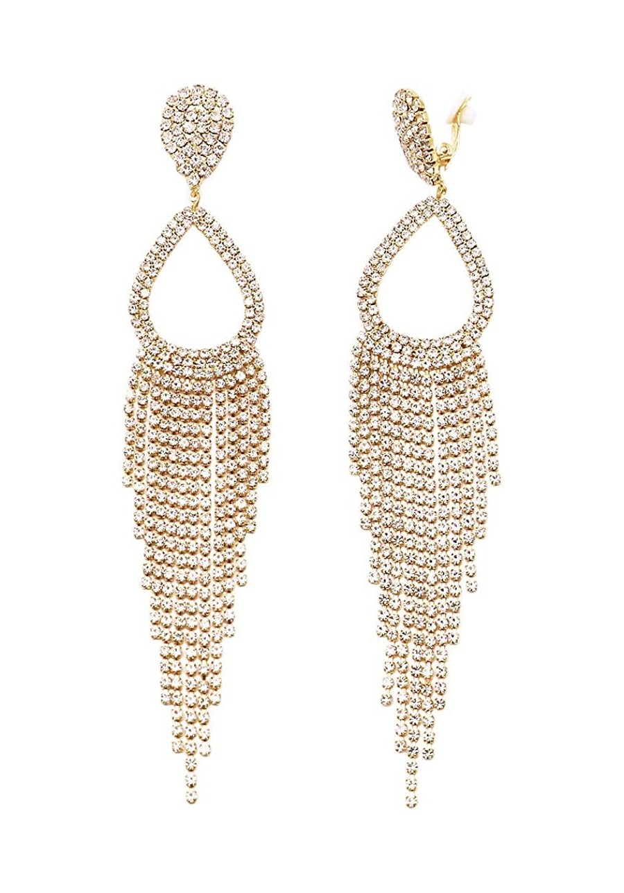 Women's Statement Crystal Rhinestone Teardrop Fringe Shoulder Duster Clip on Earrings 6 $19.82 Clip-Ons