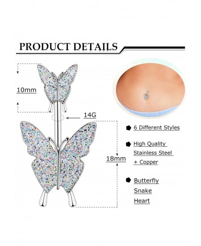 6pcs 14g Belly Button Ring Dangle Navel Rings Cute CZ Snake Heart Butterfly Belly Button Rings for Women Belly Piercing Set B...