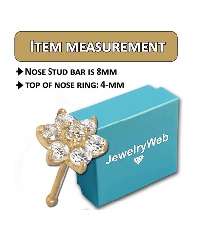 14k Gold CZ Flower Nose Ring - 4mm 20g Nose Stud - Hypoallergenic Threadless Piercings for Women Men Yellow White Rose Real G...