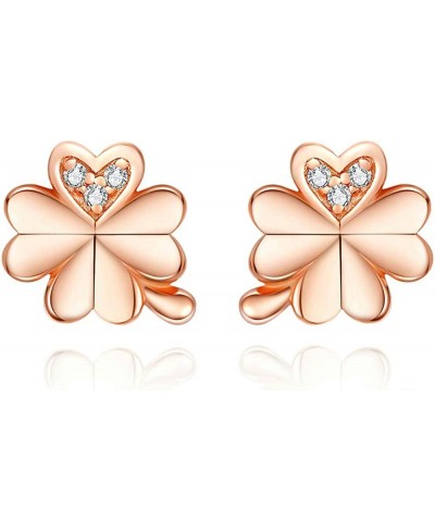 CZ Clover Cubic Zirconia 14K Rose Gold Flower Stud Earrings for Women Girls 925 Sterling Silver Crystal Inlay Love Knot Heart...