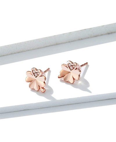 CZ Clover Cubic Zirconia 14K Rose Gold Flower Stud Earrings for Women Girls 925 Sterling Silver Crystal Inlay Love Knot Heart...