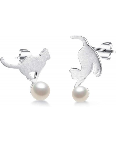 1 Pair Silver Asymmetric Imitation Pearl Cat Ear Studs Lovely Animal Cat Earrings for Women $5.35 Stud
