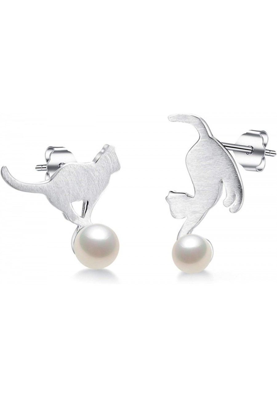 1 Pair Silver Asymmetric Imitation Pearl Cat Ear Studs Lovely Animal Cat Earrings for Women $5.35 Stud