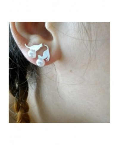 1 Pair Silver Asymmetric Imitation Pearl Cat Ear Studs Lovely Animal Cat Earrings for Women $5.35 Stud