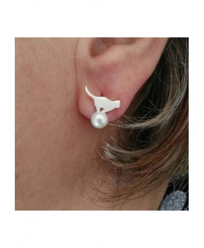 1 Pair Silver Asymmetric Imitation Pearl Cat Ear Studs Lovely Animal Cat Earrings for Women $5.35 Stud