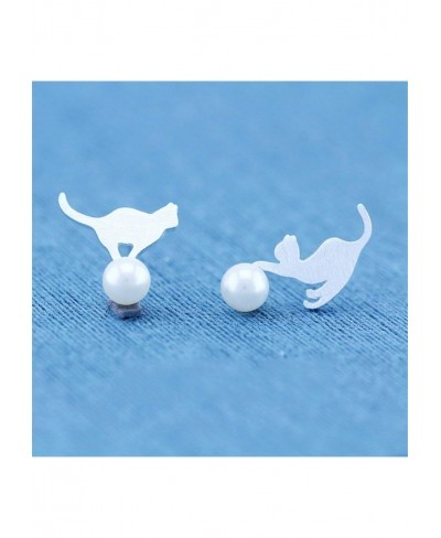 1 Pair Silver Asymmetric Imitation Pearl Cat Ear Studs Lovely Animal Cat Earrings for Women $5.35 Stud