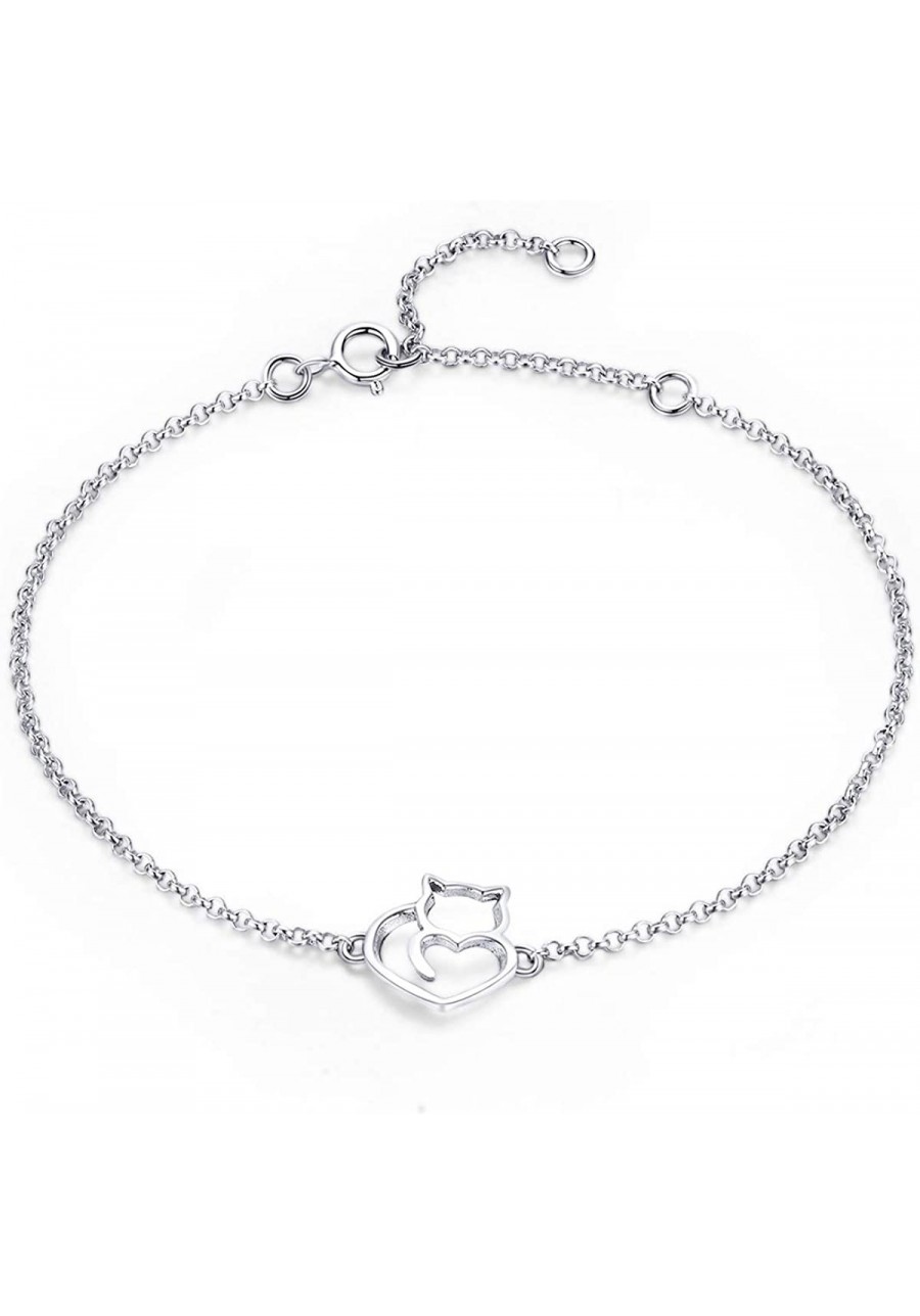 925 Sterling Silver Cat and Heart Link Chain Bracelets & Bangles for Women Silver Jewelry Gift $16.58 Link