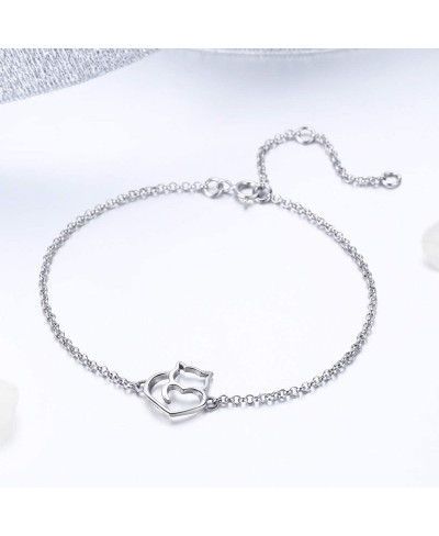 925 Sterling Silver Cat and Heart Link Chain Bracelets & Bangles for Women Silver Jewelry Gift $16.58 Link