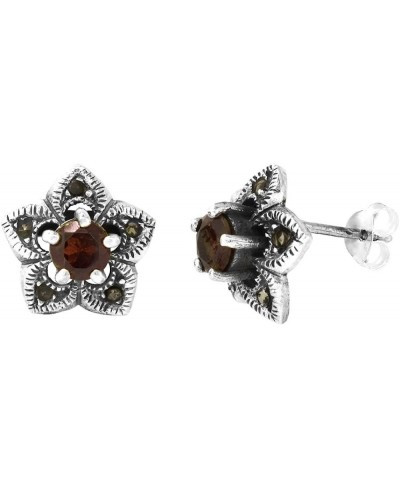 Sterling Silver Marcasite 5mm Round Garnet 5 Petal Flower Stud Earrings 1/2 inch wide $27.42 Stud