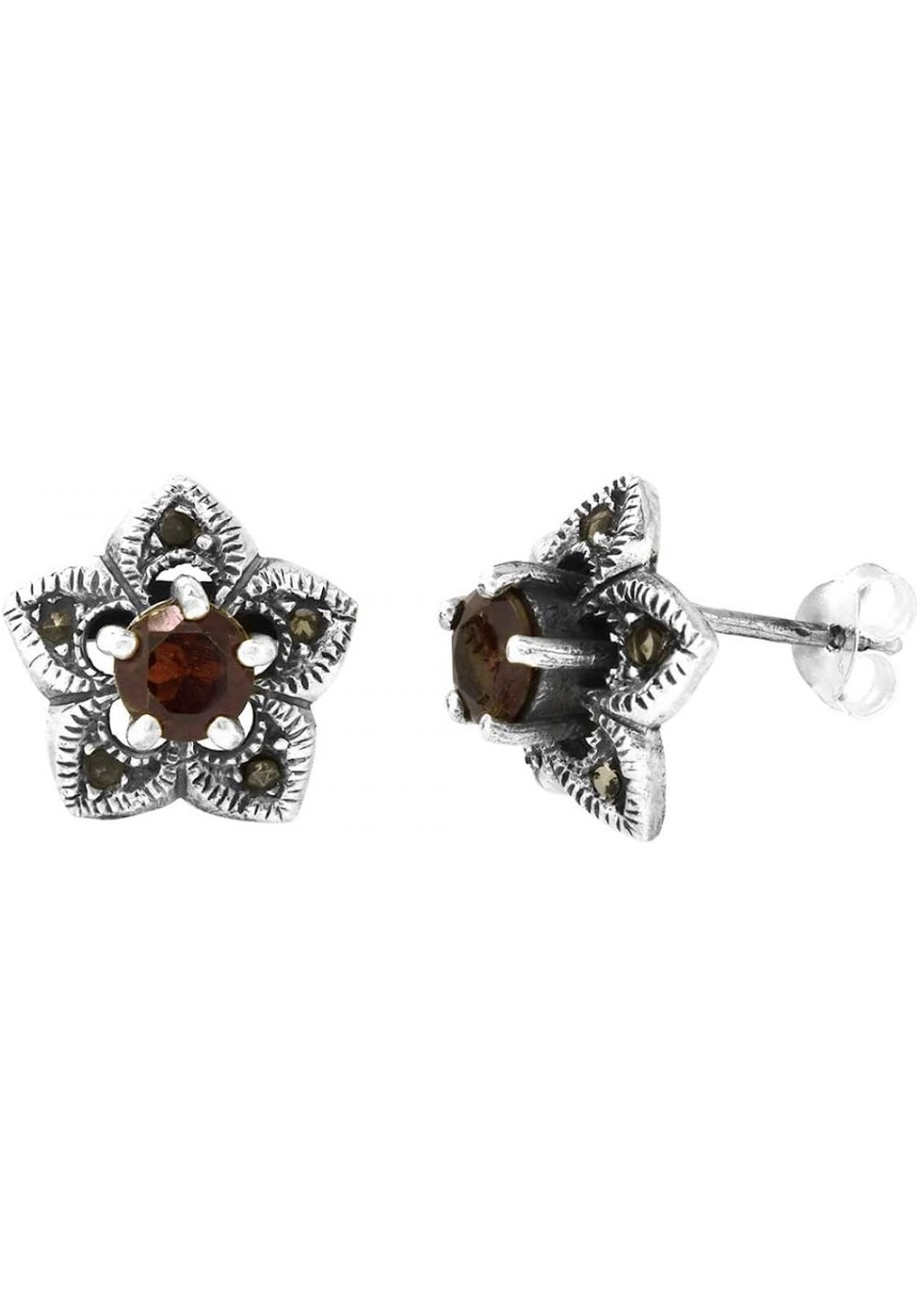 Sterling Silver Marcasite 5mm Round Garnet 5 Petal Flower Stud Earrings 1/2 inch wide $27.42 Stud