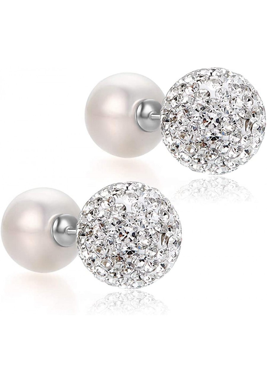 Pearl Crystal Double Sided Stud Earrings Front Back Catch Earring for Women Girl 10mm $16.58 Stud