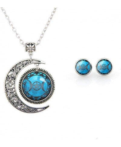 Blue Triple Goddess Necklace and Stud Earrings Moon Charm Pendant Triple Goddess Jewelry Set for Girl Women $17.00 Jewelry Sets