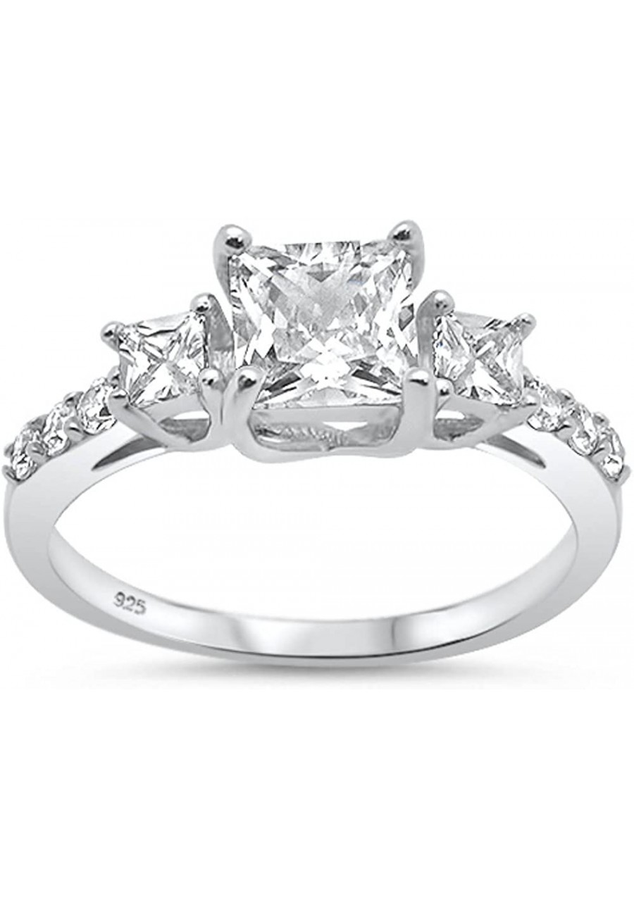 Sterling Silver Princess Cut & Cubic Zirconia Three Stone Engagement Ring Sizes 5-10 $16.29 Engagement Rings