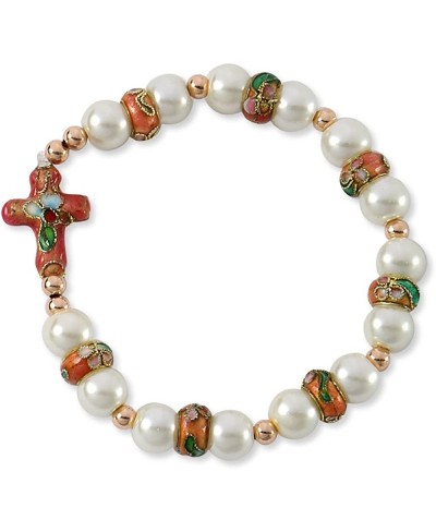 Catholic Bracelets - Cross Bracelet with Pink Cloisonne Rondelle and White Simulated Glass Pearl Beads $13.93 Stretch