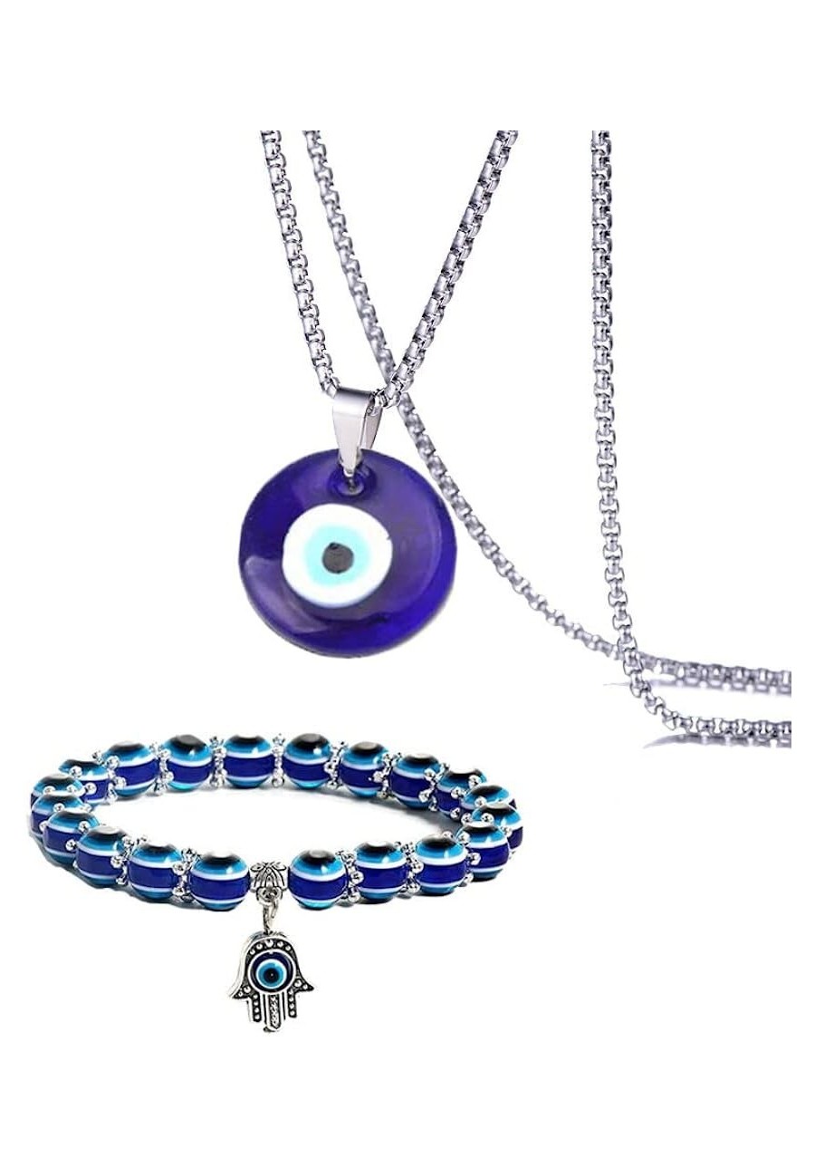 2 Pcs Stainless Steel Evil Eye Bracelets and Necklace Jewelry Sets for Women Men Hamsa Hand Stretch Bracelets $8.84 Jewelry Sets