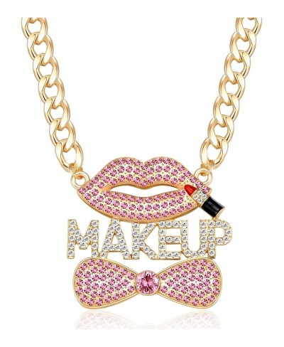 Women's Gold Crystal MAKEUP Lips Pendant Necklace Hip Hop Chunky Choker Chain Rhinestone Bow Costume Party Jewelry $9.69 Chokers