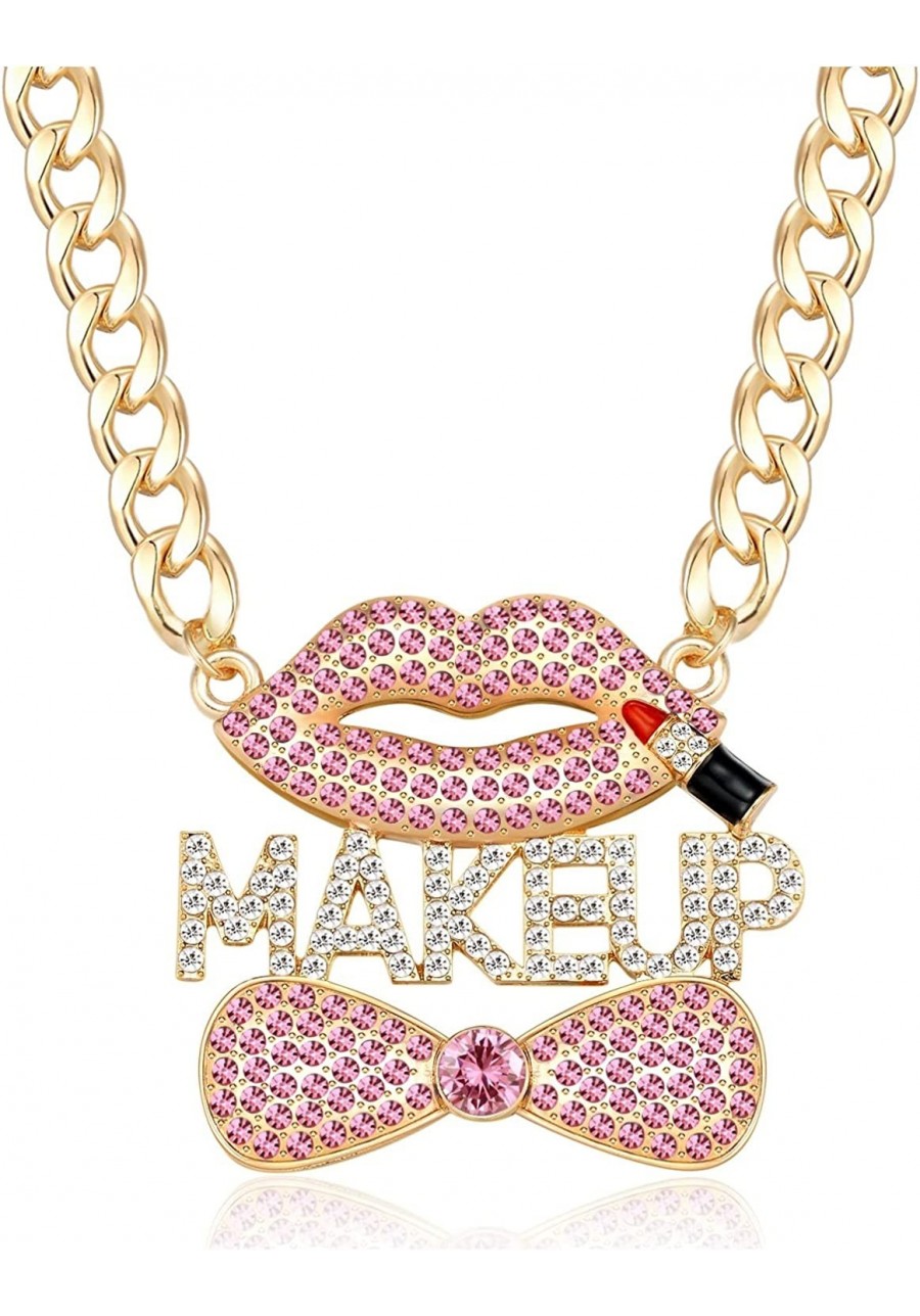 Women's Gold Crystal MAKEUP Lips Pendant Necklace Hip Hop Chunky Choker Chain Rhinestone Bow Costume Party Jewelry $9.69 Chokers