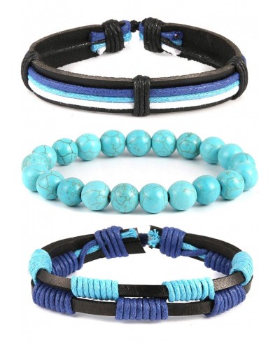 Mix 3 Wrap Bracelets Men Women Ethnic Tribal Blue Bracelets Leather Wristbands $13.92 Wrap