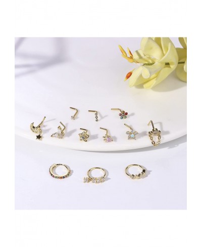 12PCS 20G Nose Rings Studs Stainless Steel Nose Rings Hoop for Women Men Paved CZ Butterfly Flower Nose Nostril Piercing Jewe...