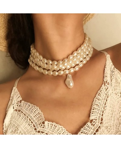 Multi Layer Strand Chain Oval Pearl Cluster Choker Necklace for Women Irregular Pearl Pendant Vintage 20s Cute Accessories fo...