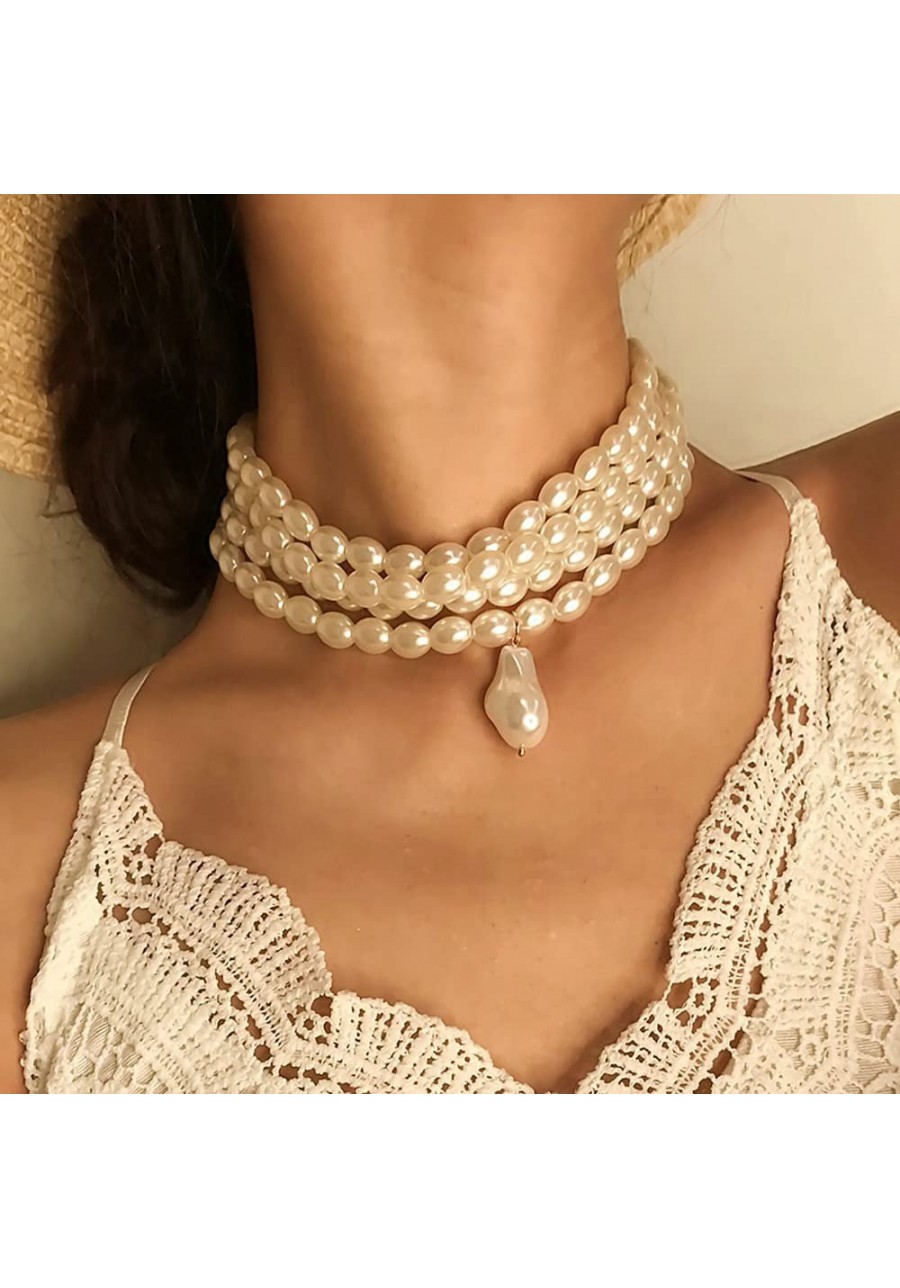 Multi Layer Strand Chain Oval Pearl Cluster Choker Necklace for Women Irregular Pearl Pendant Vintage 20s Cute Accessories fo...