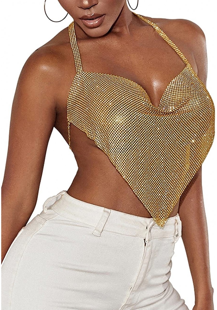 Shiny CZ Rhinestone Halter Backless Deep V Crop Top Chain Body Jewelry $28.21 Body Chains