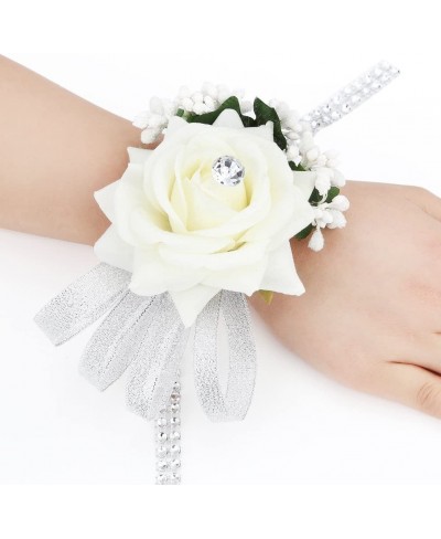 Velvet Open Rose Silvery Bling Ribbon Rhinestone Stretch Bracelet Wedding Prom Wrist Corsage Hand Flower Pack of 6 Ivory $23....