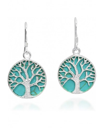 Classic Minimalist Tree of Life Filigree Round Turquoise Inlay in 925 Sterling Silver Dangle Drop Earrings Handmade Jewelry f...