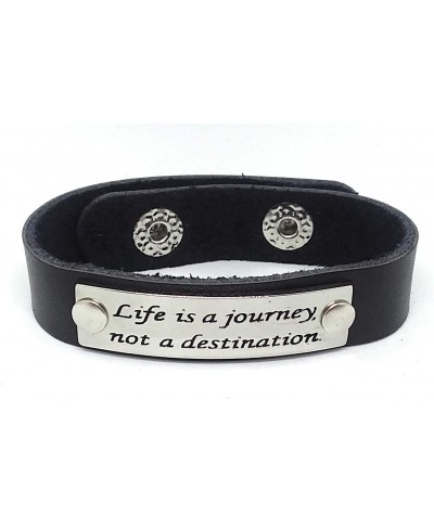 Stainless Steel Inspirational Word Connector Plate Black Leather Snap Bracelet (Life is a journey not a destination) $11.99 Link