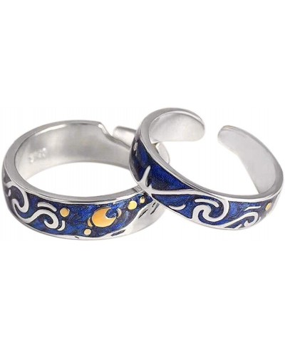 2pcs S925 Sterling Silver Rings Van Gogh's Sky Design Handmade Unique Blue Open Band Ring Promise Ring Size 5-9.5 Jewelry Gif...