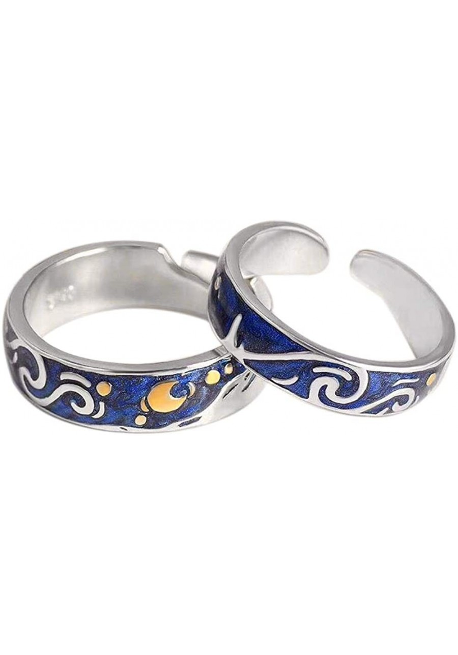 2pcs S925 Sterling Silver Rings Van Gogh's Sky Design Handmade Unique Blue Open Band Ring Promise Ring Size 5-9.5 Jewelry Gif...