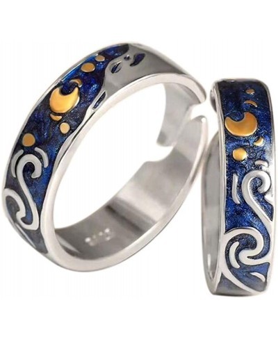 2pcs S925 Sterling Silver Rings Van Gogh's Sky Design Handmade Unique Blue Open Band Ring Promise Ring Size 5-9.5 Jewelry Gif...