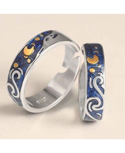 2pcs S925 Sterling Silver Rings Van Gogh's Sky Design Handmade Unique Blue Open Band Ring Promise Ring Size 5-9.5 Jewelry Gif...