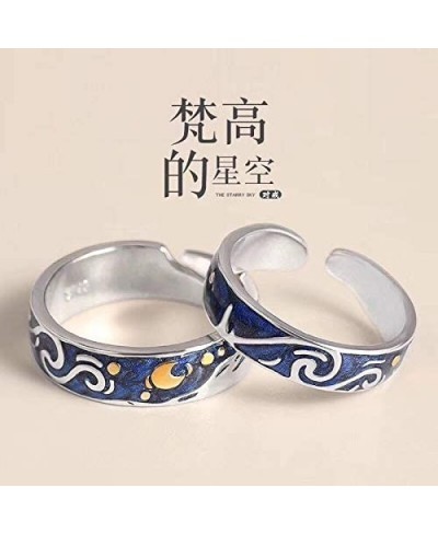 2pcs S925 Sterling Silver Rings Van Gogh's Sky Design Handmade Unique Blue Open Band Ring Promise Ring Size 5-9.5 Jewelry Gif...