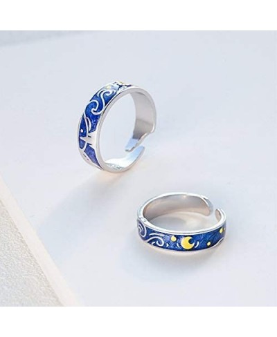 2pcs S925 Sterling Silver Rings Van Gogh's Sky Design Handmade Unique Blue Open Band Ring Promise Ring Size 5-9.5 Jewelry Gif...