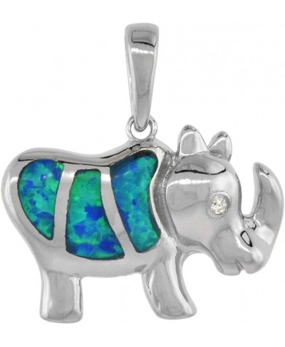 Sterling Silver Synthetic Opal Rhinosaurus Necklace for Women CZ Accent Hand Inlay 3/4 inch Wide $33.16 Pendants & Coins