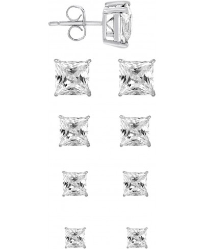 Set of 4 Sterling Silver CZ Stud Earrings Princess Cut White Cubic Zirconia 3 4 5 and 6mm $10.49 Stud